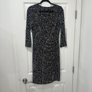 Lauren Ralph Lauren Black White Abstract‎ Print Ruched Sheath Dress Size 10